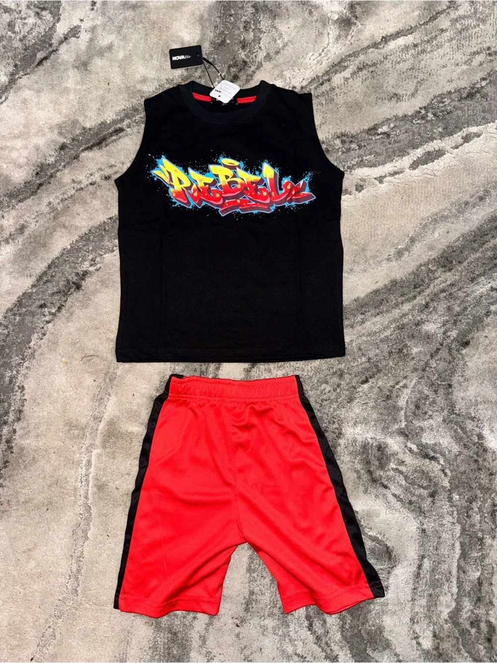 Fashion Nova Black Graphic Tank & Red Athletic Shorts Set